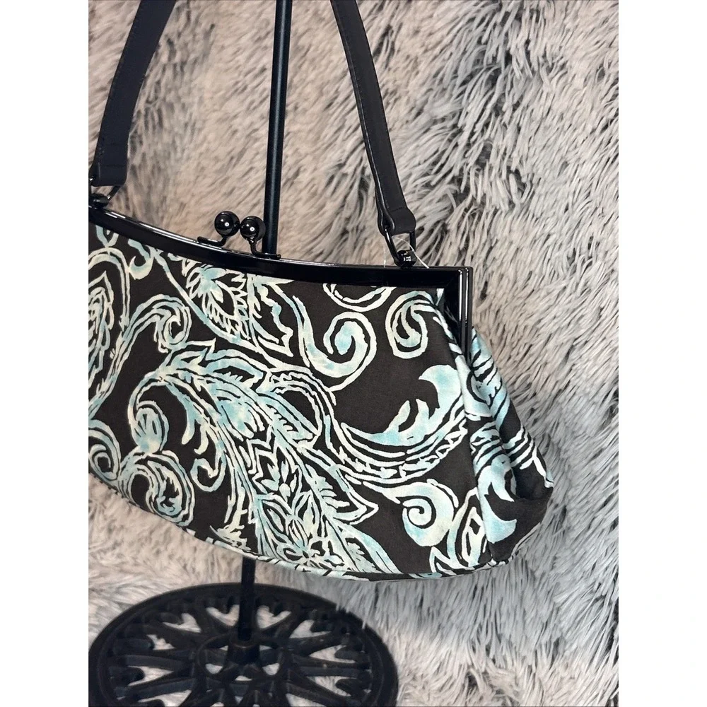 TALBOTS Kisslock Frame Shoulder Bag Brown Turquoise Paisley Print Silk Blend NWT